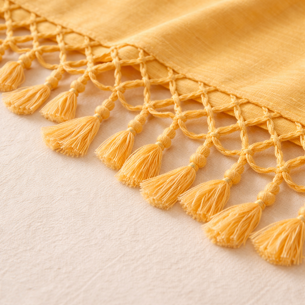 Hand-finished tassel detail of Bhagalpuri silk chadar showing traditional handloom craftsmanship and natural silk finish
