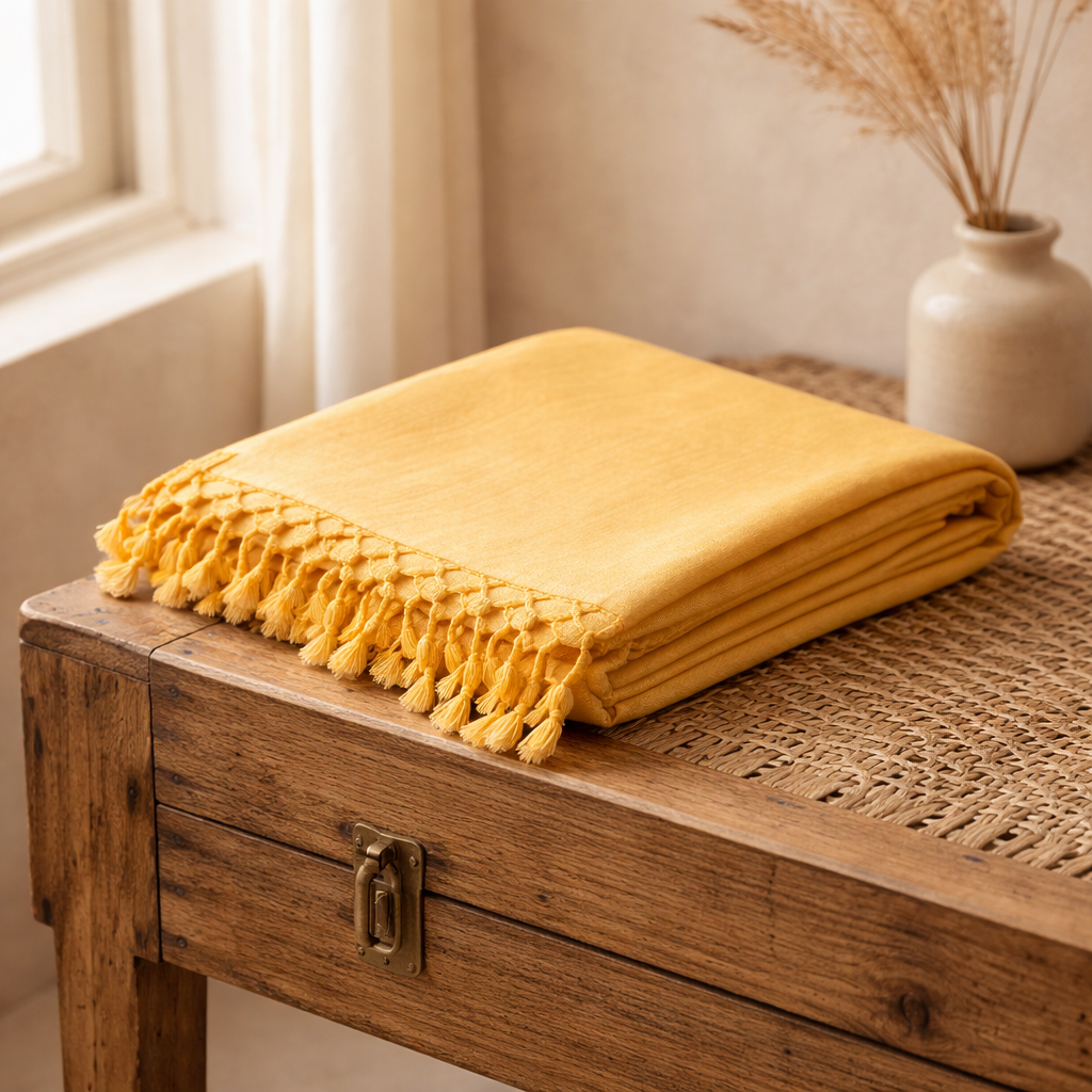 Folded Bhagalpuri Andi silk chadar in Soft Marigold placed in a calm bedroom setting, breathable handloom silk for everyday comfort
